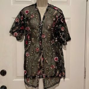 Glance Black Mesh Kimono with a pink Embroidered Flowers